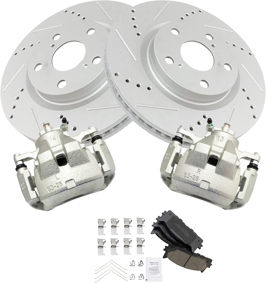 TRQ Performance Front Brake Pad and Rotor Set Ceramic G Coated Vented Rotors Calipers Compatible with 2012-2018 Toyota Avalon Camry 2016-2018 Lexus ES350