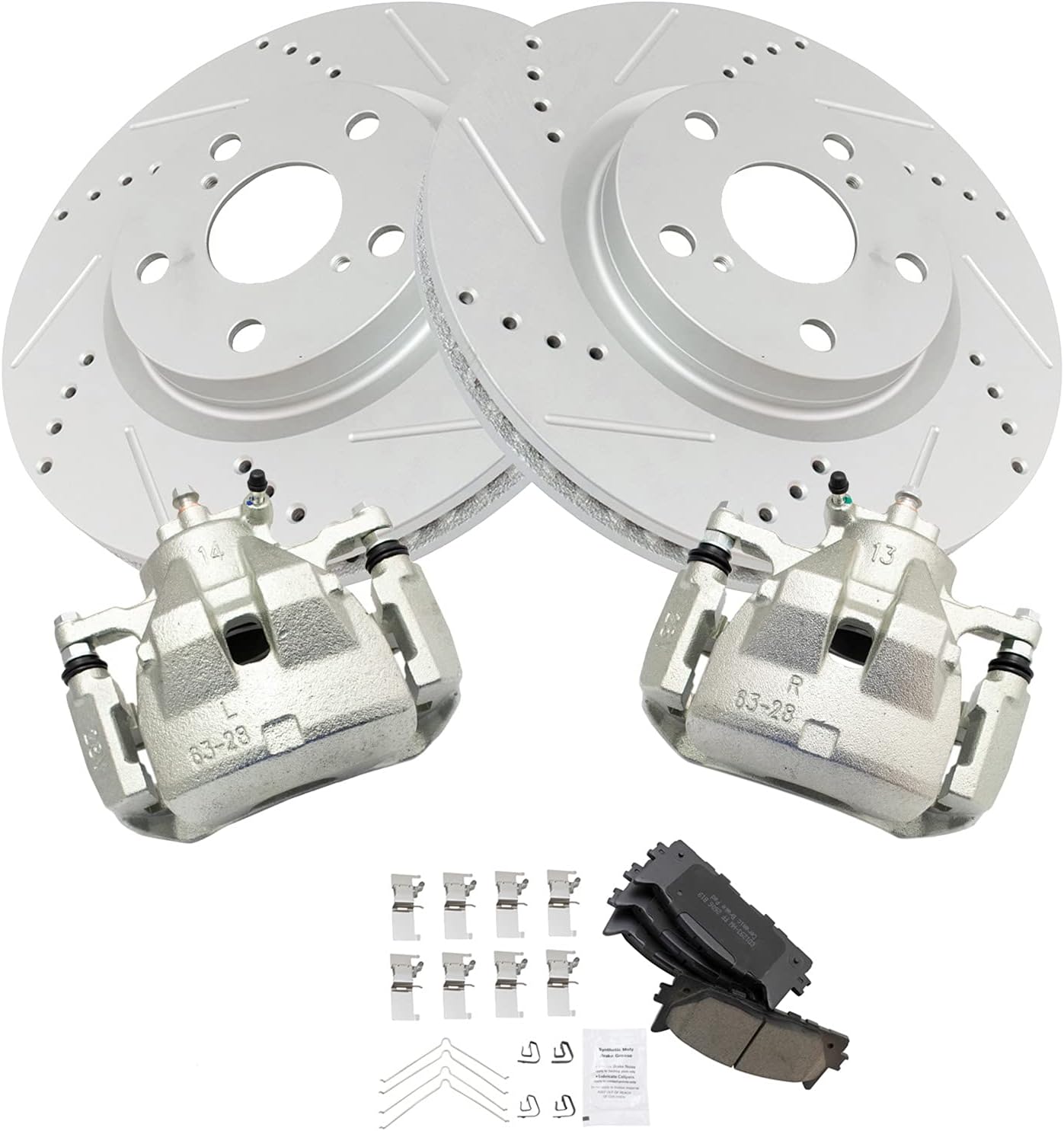TRQ Performance Front Brake Pad and Rotor Set Ceramic G Coated Vented Rotors Calipers Compatible with 2012-2018 Toyota Avalon Camry 2016-2018 Lexus ES350