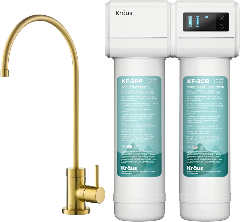 KRAUS Purita 2-Stage Under-Sink Filtration System with Single Handle Drinking Water Filter Faucet in Brushed Brass, FS-1001-FF-100BB