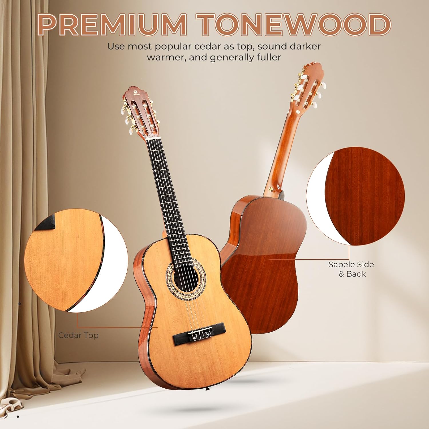 Vangoa Classical Guitar 3/4 Inch Acoustic Classical Guitar, 36 Inch Junior Size Nylon String Guitar Bundle Kit for Beginner Teens, Cedar Top
