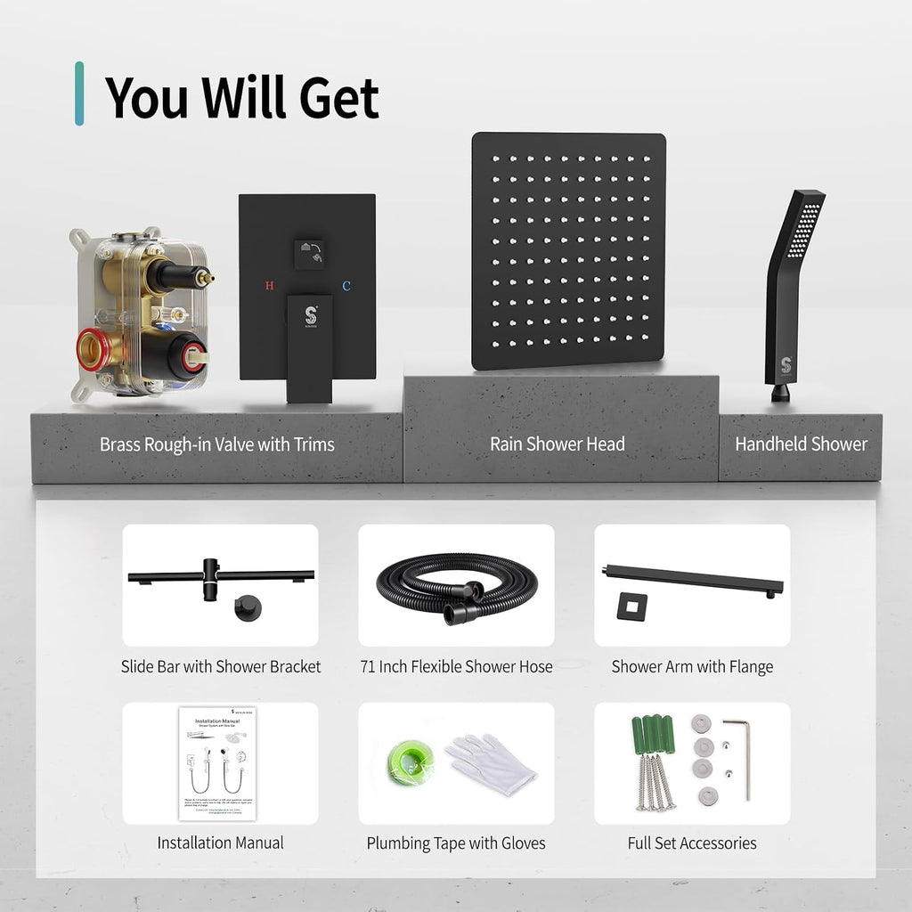 SR SUN RISE 10 Inch Slide Bar Shower Faucet Luxury High Pressure Shower Heads and Handheld Spray Combo Set Wall Mounted Shower System Included Valve and Trim Kit, Matte Black