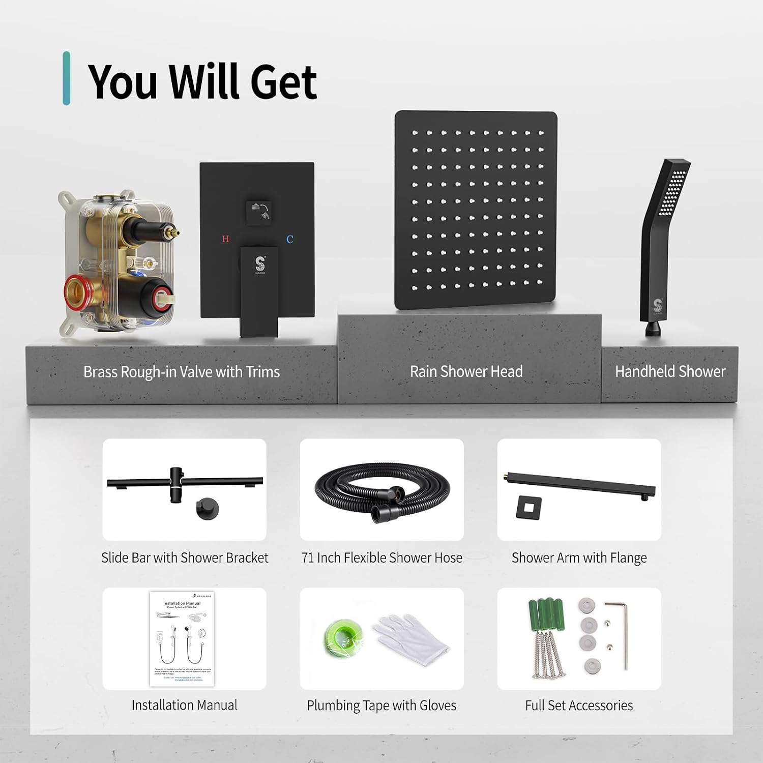 SR SUN RISE 10 Inch Slide Bar Shower Faucet Luxury High Pressure Shower Heads and Handheld Spray Combo Set Wall Mounted Shower System Included Valve and Trim Kit, Matte Black