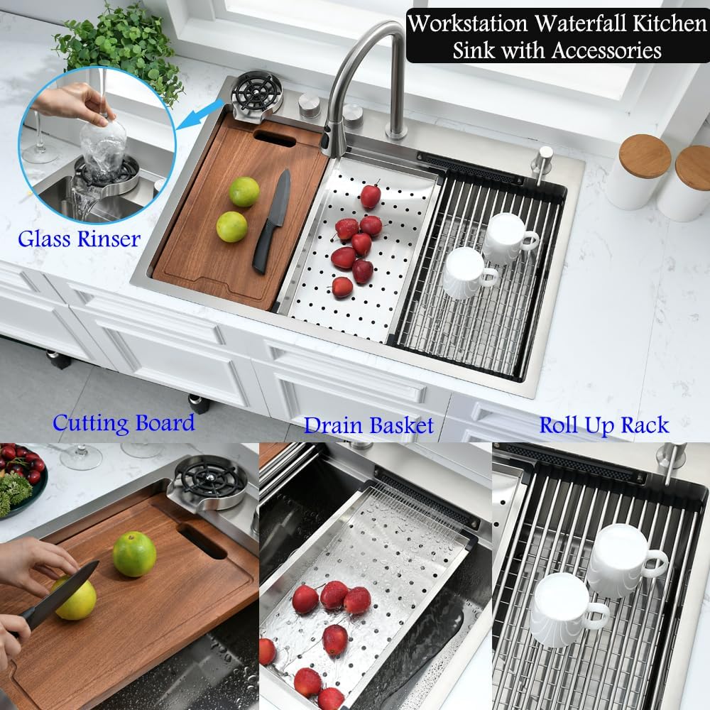 33 Inch Drop In Waterfall Kitchen Sink with Faucet Combo-Bokaiya 33x19 Drop In Sink with Cup Washer 16 Guage 10 Inch Deep Multifunctional Single Bowl Kitchen Sink Set
