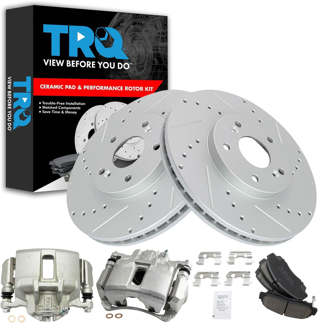 TRQ Performance Front Brake Pad and Rotor Set Ceramic Vented Coated Drilled Slotted Rotors Calipers Compatible with 2003-2007 Honda Accord