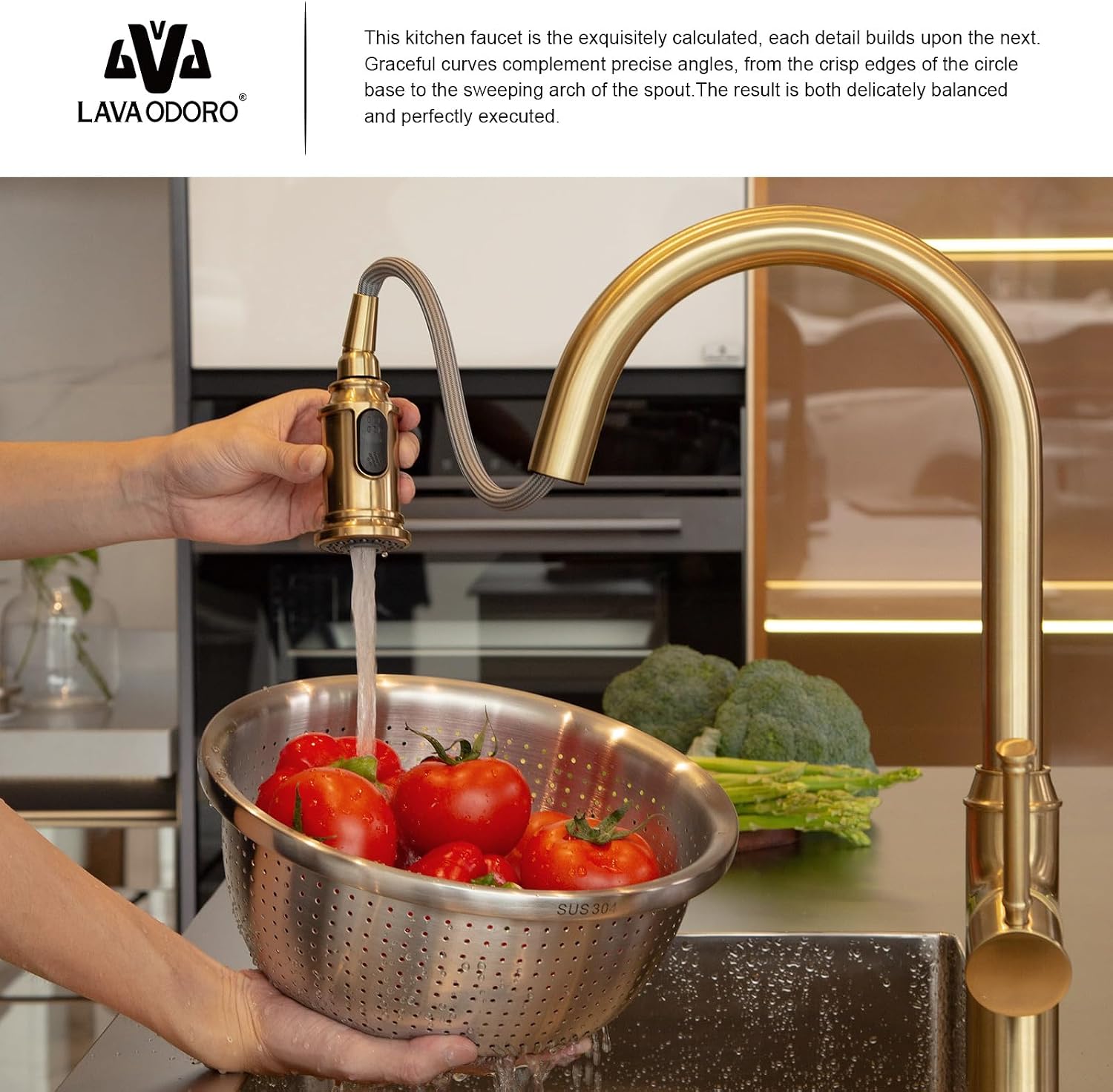 Lava Odoro Champagne Gold Kitchen Faucet with Pull Down Sprayer, Single Handle Kitchen Sink Faucet, Gold Faucet for Kitchen Sink 1 Hole and 3 Hole, Deck Plate Included, KF421-CB