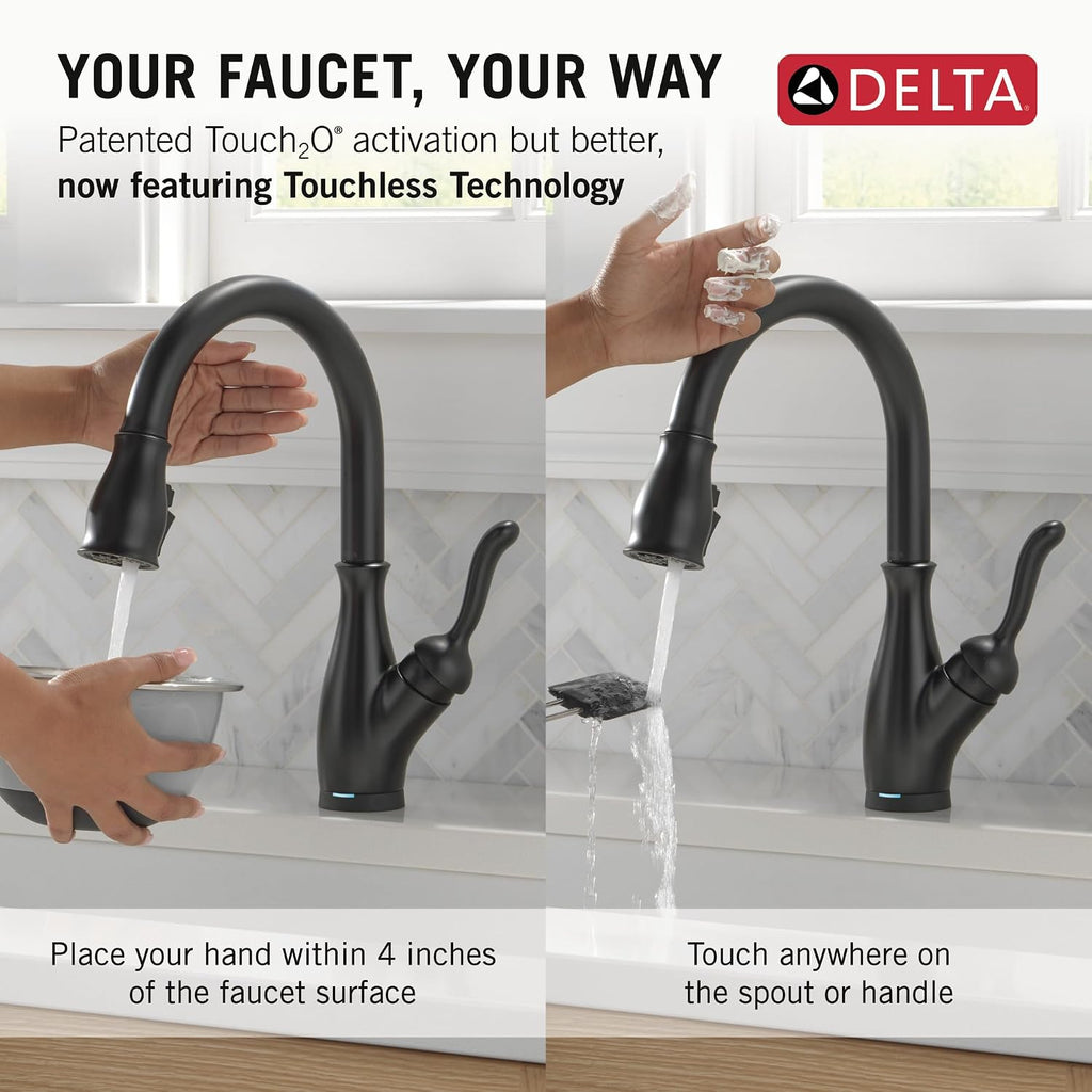 Delta Leland Touchless Kitchen Faucet with Touch Technology, Matte Black Kitchen Sink Faucet with Pull Down Sprayer, Single Hole, Matte Black 9178TL-BL-DST