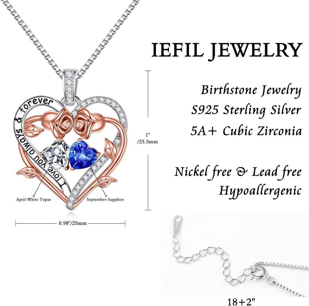 Iefil Rose Heart Double Birthstone Necklace Gifts for Wife Girlfriend Her Women, Birthstone Jewelry Gemstone Birthday Gifts for Mom Grandma Her Wife Women
