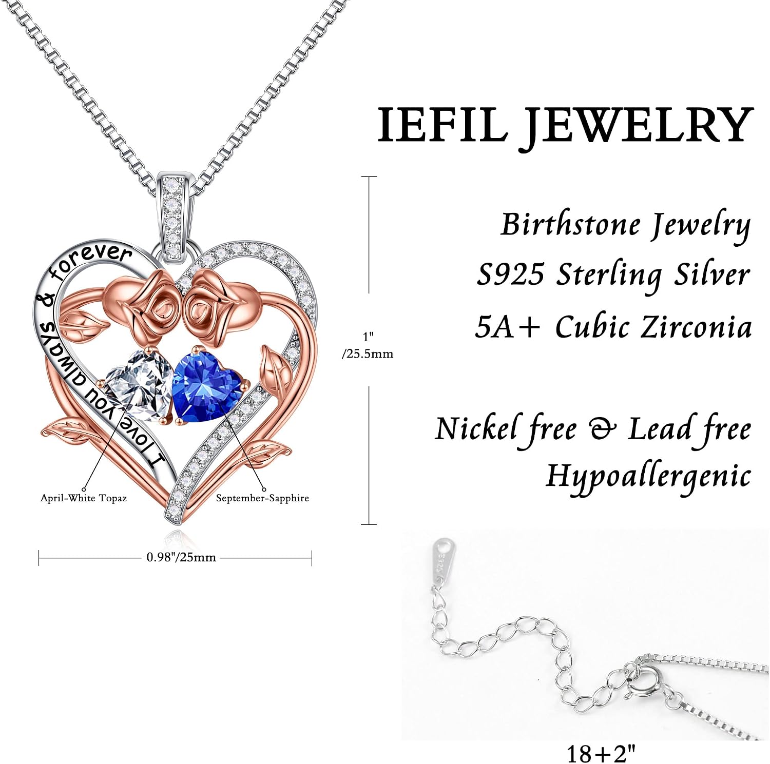 Iefil Rose Heart Double Birthstone Necklace Gifts for Wife Girlfriend Her Women, Birthstone Jewelry Gemstone Birthday Gifts for Mom Grandma Her Wife Women