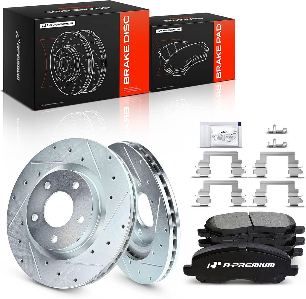 A-Premium 11.57 in (294mm) Front Drilled and Slotted Disc Brake Rotors + Ceramic Pads Kit Compatible with Select Jeep, Mitsubishi, Chrysler & Dodge Models - Compass, Patriot, Lancer, Avenger, Sebring
