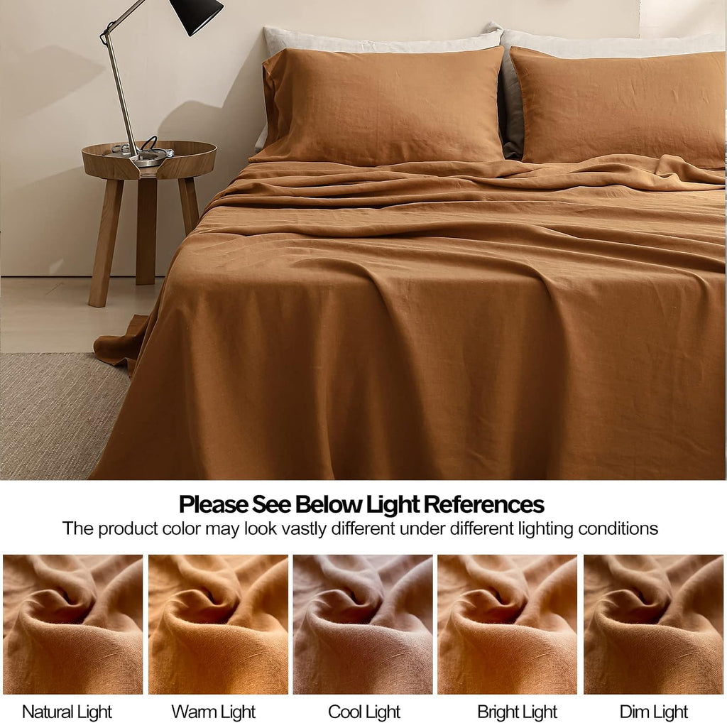 Simple&Opulence 100% Washed Linen Sheet Set Basic Style 3 Pieces (1 Flat Sheet & 1 Fitted Sheet & 1 Pillowcase) Natural French Flax Soft Breathable Farmhouse Bedding (Twin, Rust)