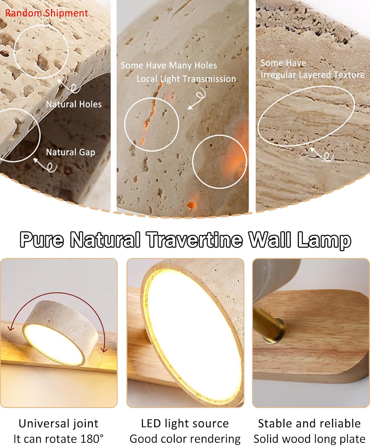 Natural Wood Vanity Light, 12.6 Inches Wabi Sabi Travertine Wall Sconce with 360° Rotatable Natural Stone Lampshade and Wooden Base Nordic Style Farmhouse Vanity Lights for Bathroom (2 Lights)