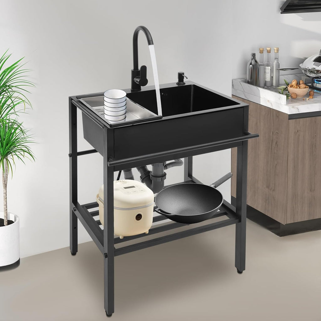 Stainless Steel Utility Sink,Free Standing Single Bowl Kitchen Sink with Cold and Hot Faucet Water Pipe kit,Outdoor Indoor Stainless Steel Sink for Laundry Room,Garage,Basement