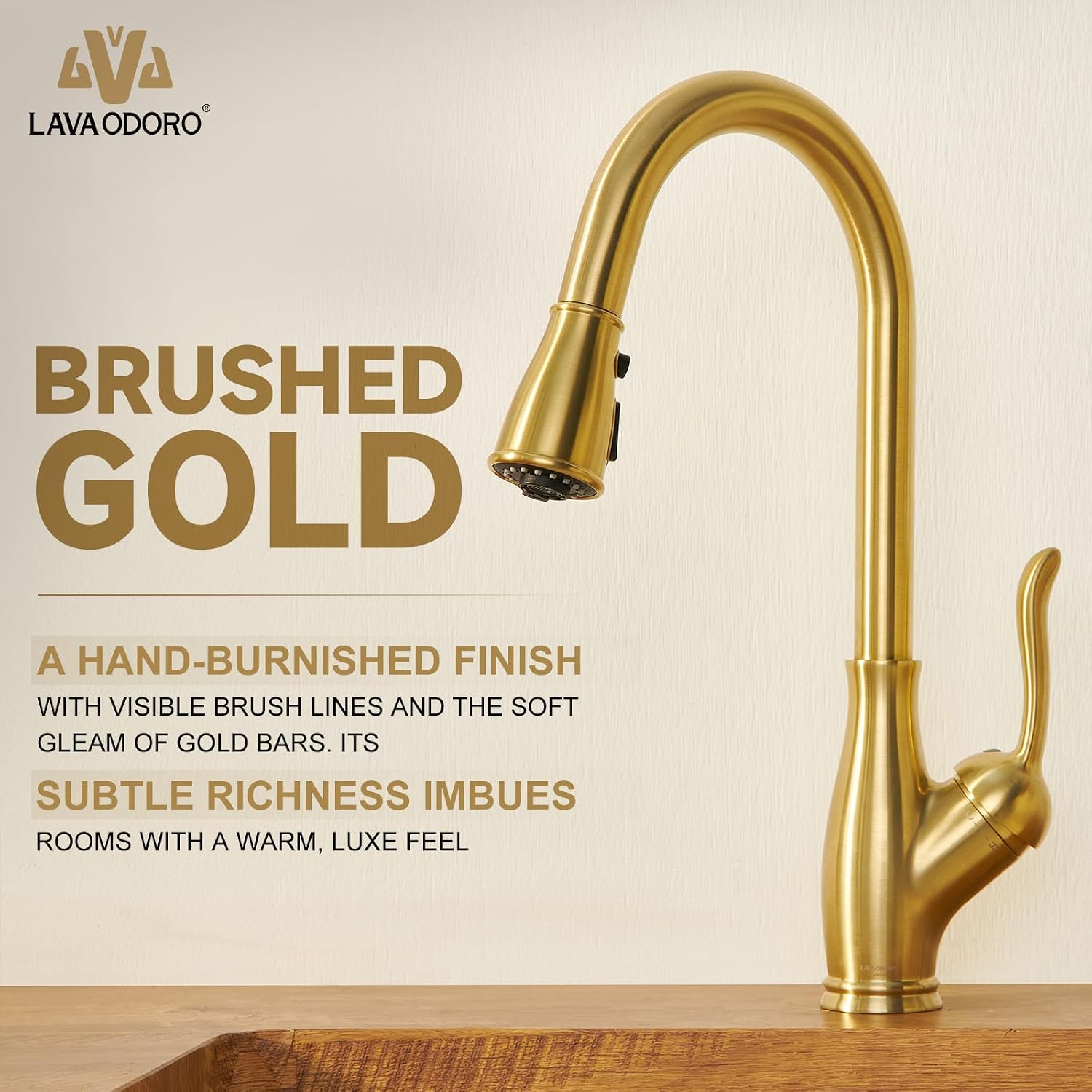 Lava Odoro Gold Kitchen Faucet with Pull Down Sprayer, Brushed Gold Kitchen Sink Faucet with Magnetic Docking Spray 3-Function, Solid Brass Faucet for Kitchen Sink 1 Hole and 3 Hole, KF271-SG