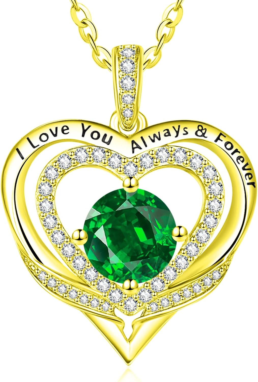 14K Gold Heart Necklaces for Women with Birthstone Pendant ，Double Hearts Necklace Jewelry Gift for Girlfriend Mom Anniversary Birthday Adjustable Chain 18' + 2' 'I Love You Always & Forever