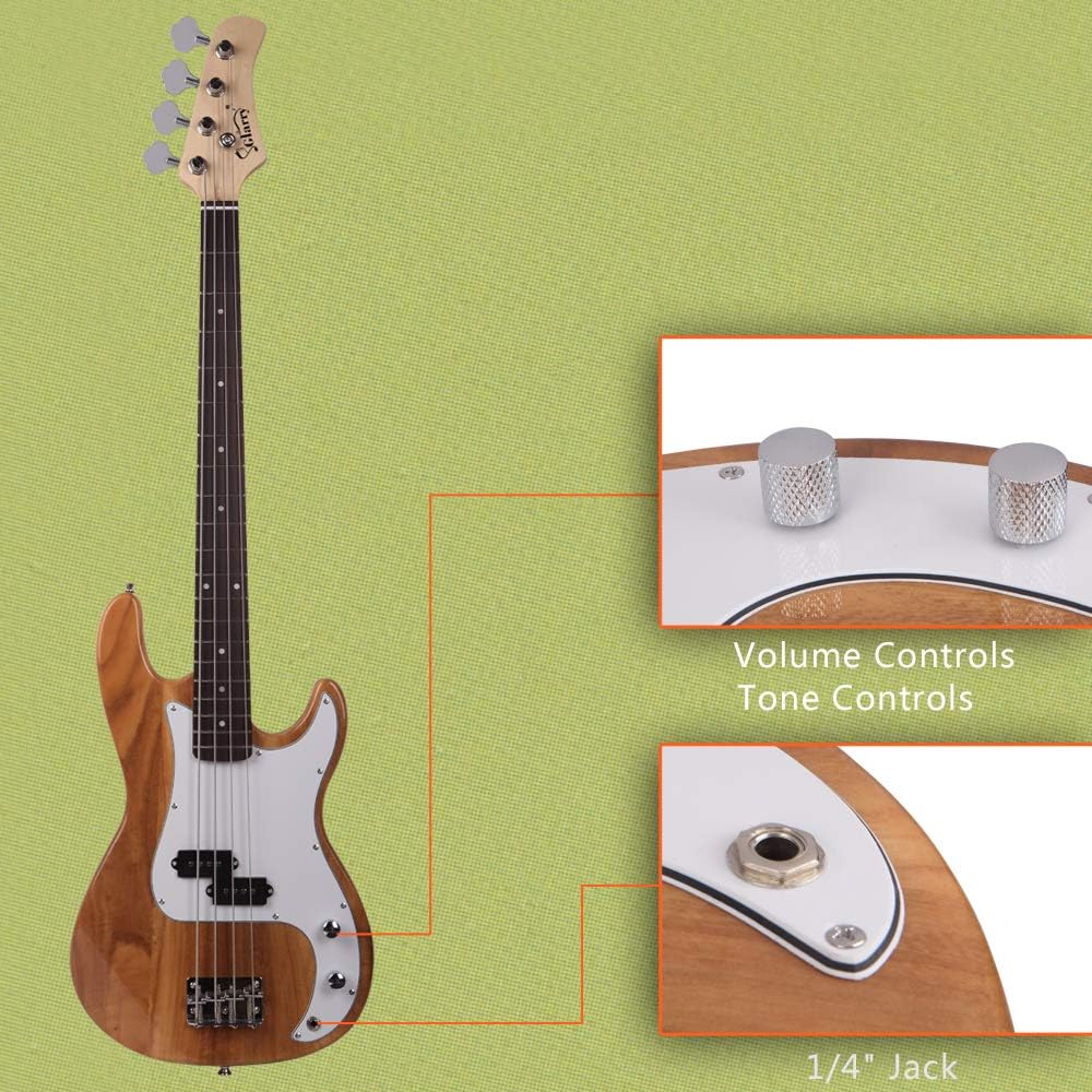 4 String Electric Bass Guitar, Full Size Standard Right Handed Beginner Kit with 20W AMP, Gig Bag, Strap, Spanner Tool (Wood Color)