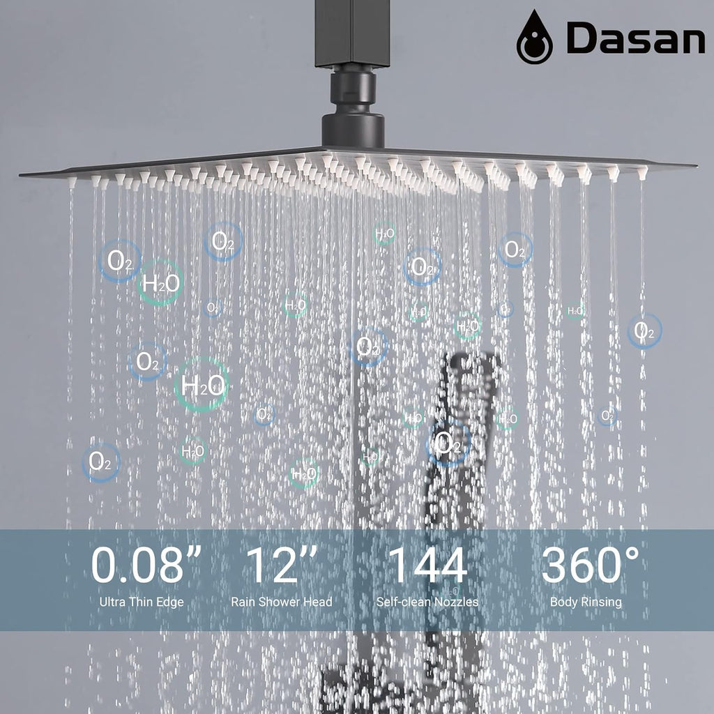 DASAN Full Body Shower System with 6 PCS Body Spray Jets & 12'' Rain Shower Head & Handheld, Ceiling Mount Rain Shower System Matte Black Shower Faucets Sets Complete with Valve, SA-SS03AMB-S12C2