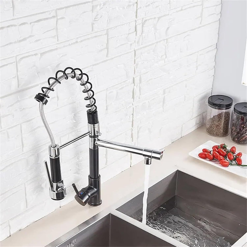 Kitchen Spring Faucet Pull Down Pull Out Dual Spouts 360 Rotation Cold and Hot Water Single Handle Mixer Tap(Golgden with Cover)