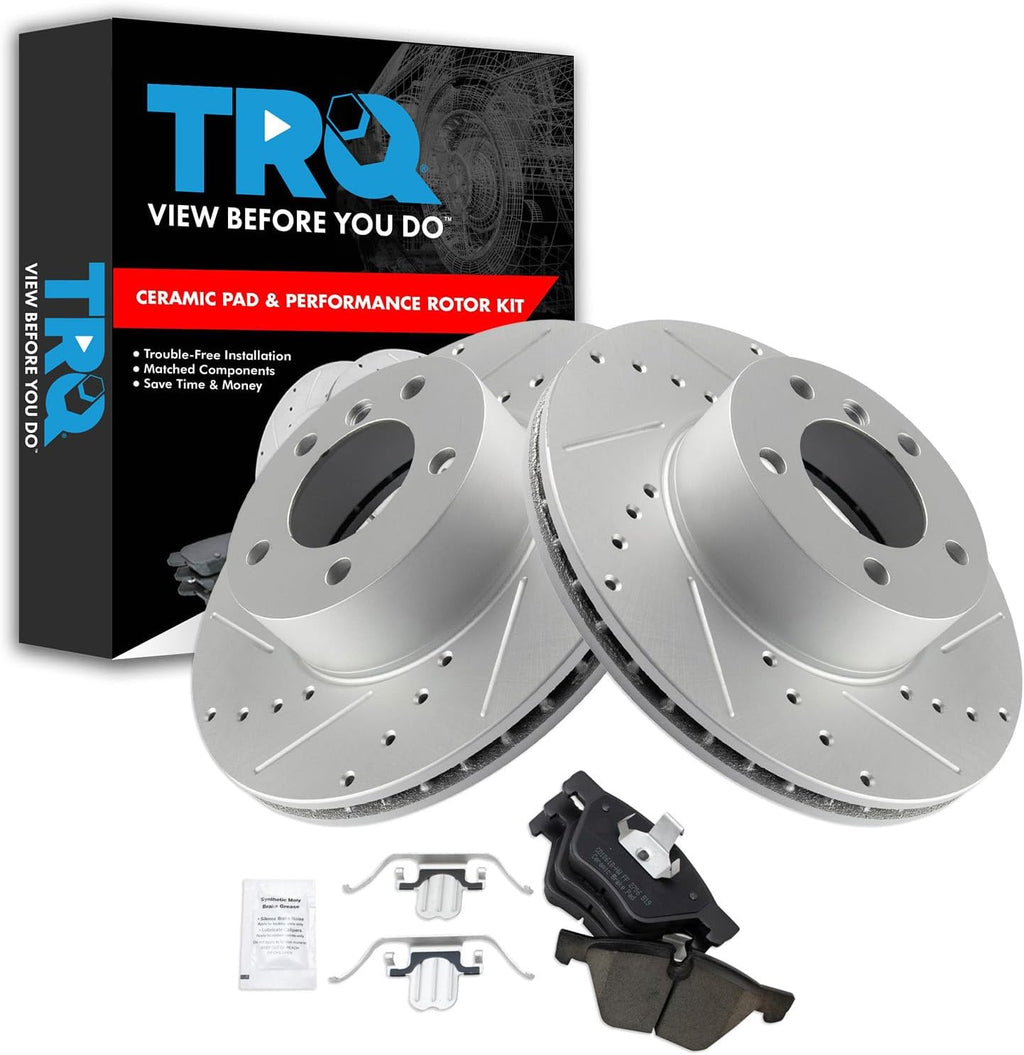 TRQ Performance Front Brake Pad and Rotor Set Ceramic Coated Drilled Slotted Compatible with 2008-2013 BMW 128i 2006 325i 325xi 2007 328i 328xi