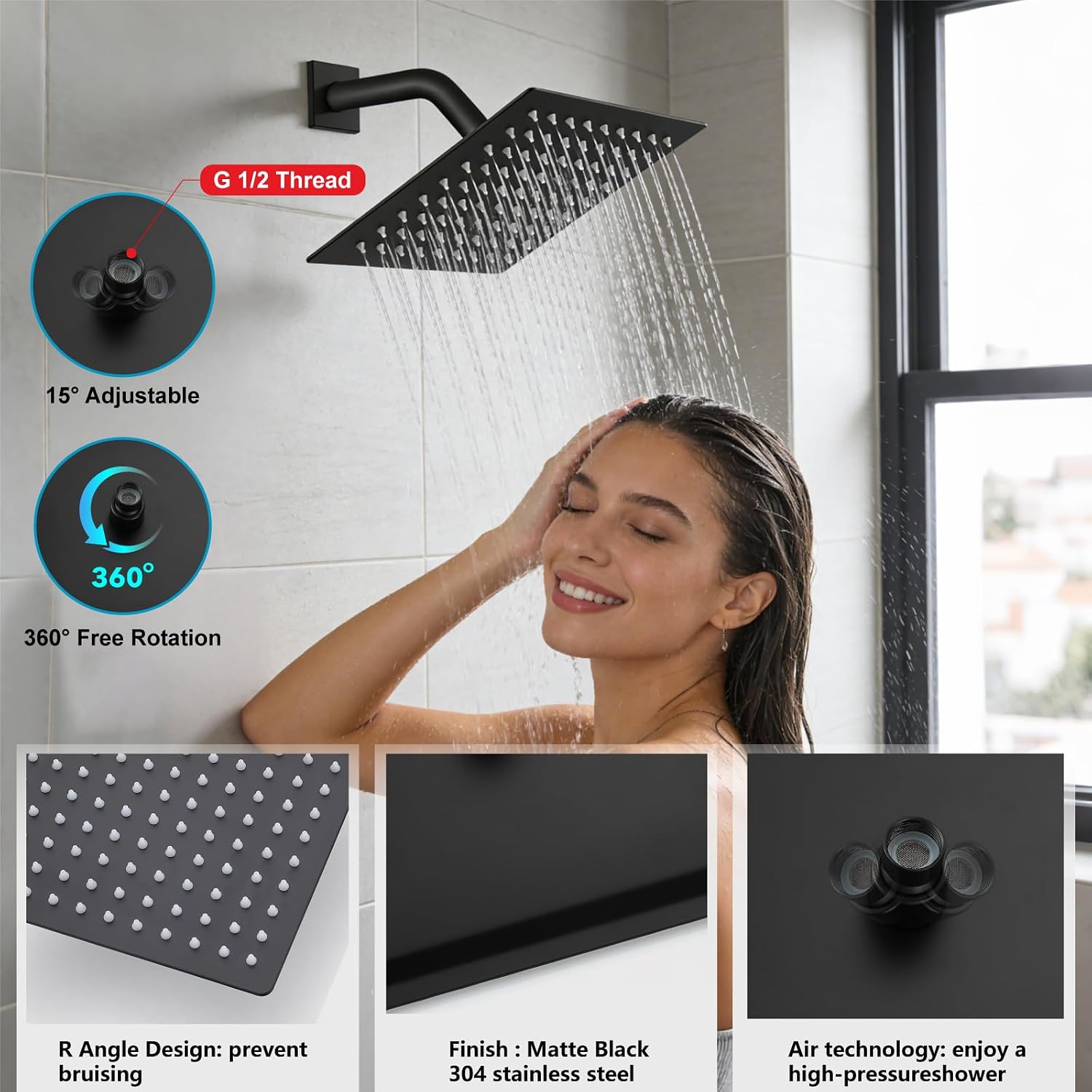 Midanya Rain Shower System Tub Shower Faucet Set Square Rainfall Waterfall Shower Head with Handheld Sprayer Tub Spout Combo Wall Mounted bathtub faucet set Rough-in Valve, 8 Inch Matte Black