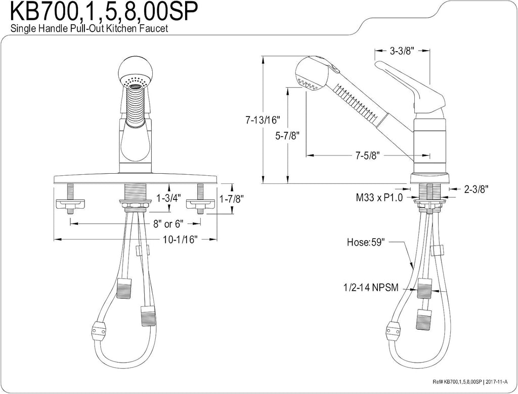 Kingston Brass KB700SP Single-Handle Pull-Out Kitchen Faucet, Matte Black