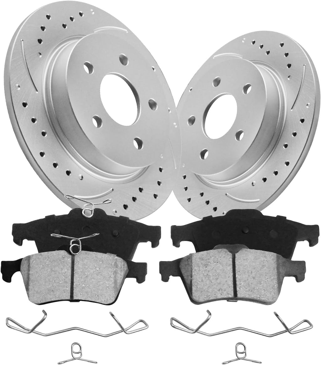 Brake Pads And Rotors Kit Compatible With 2012-2018 Ford Focus, Rear Automotive Replacement Brake Kits 54182 D1095-7874A Drilled And Slotted Rotors Geomet Ceramic Brake Pads 270.9mm(10.7in)