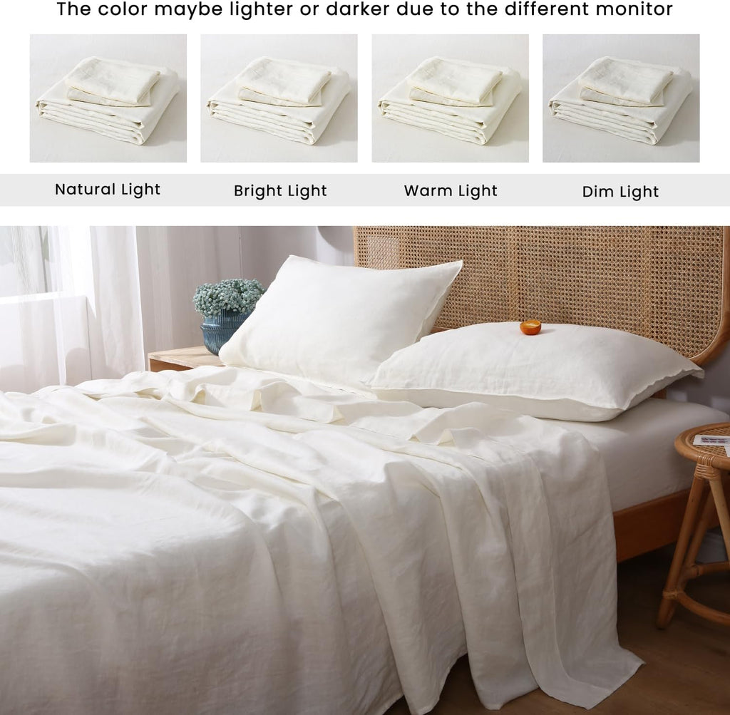 S VICTORY SYMBOL 100% Organic Linen Bed Sheets Set,French Natural Flax Bedding,Ultra Soft Luxurious Stone Washed 3 Pieces Sheet Set(Creamy-White,Twin)