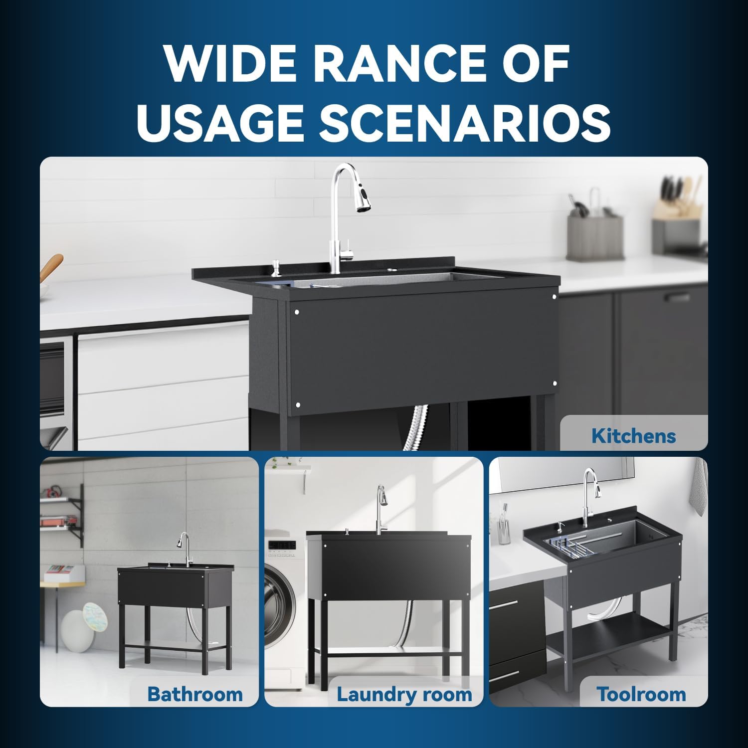 36' Freestanding Utility Sink, Heavy Duty Stainless Steel Laundry Room Sink for Garage, Outdoor Kitchen or Workshop, Modern Black Basin with Hot & Cold Water, Indoor/Outdoor Use (Black)
