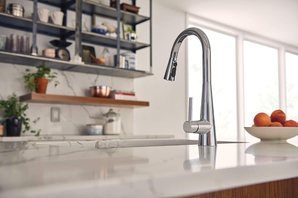 Moen Sleek Chrome Pulldown Kitchen Faucet Featuring Pull Down Sprayer with Power Boost, High Arc Modern Kitchen Faucet, One-Handle Easy Installation, 7864