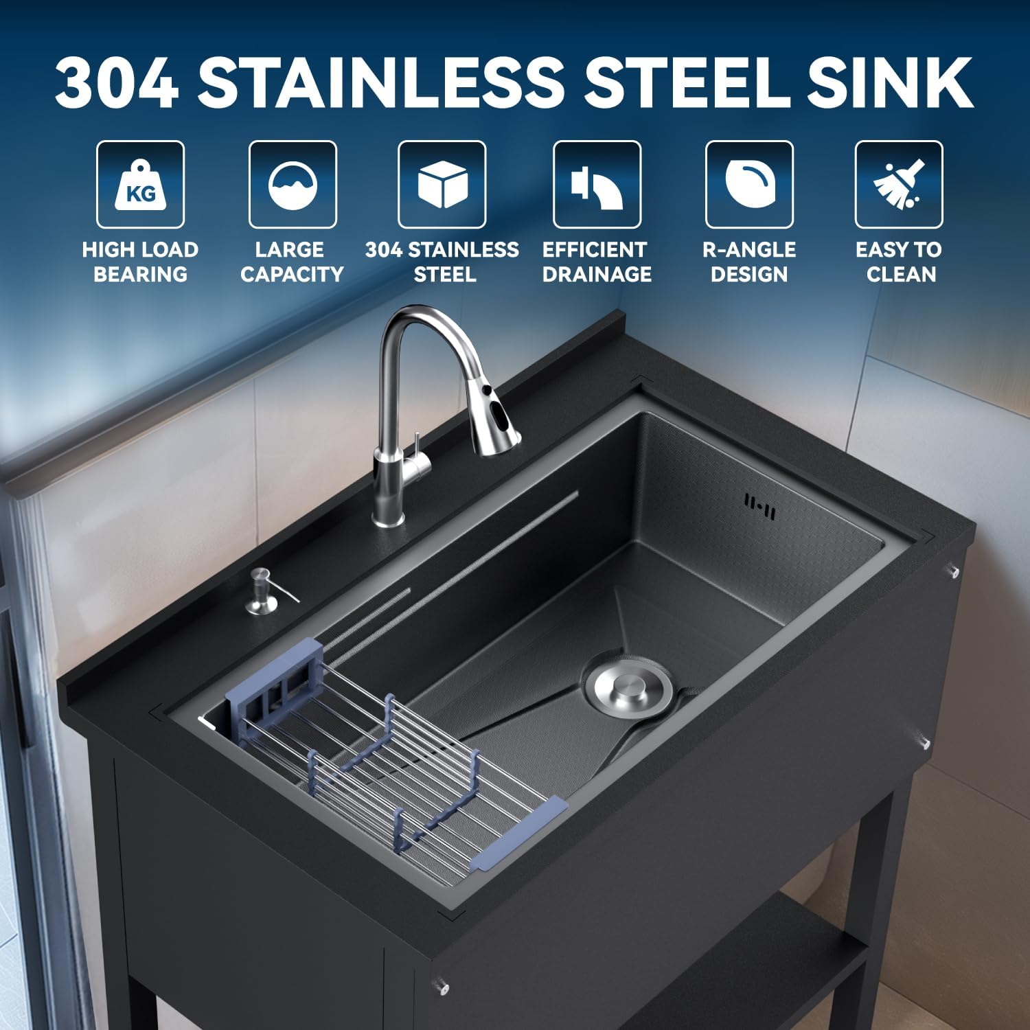 36' Freestanding Utility Sink, Heavy Duty Stainless Steel Laundry Room Sink for Garage, Outdoor Kitchen or Workshop, Modern Black Basin with Hot & Cold Water, Indoor/Outdoor Use (Black)