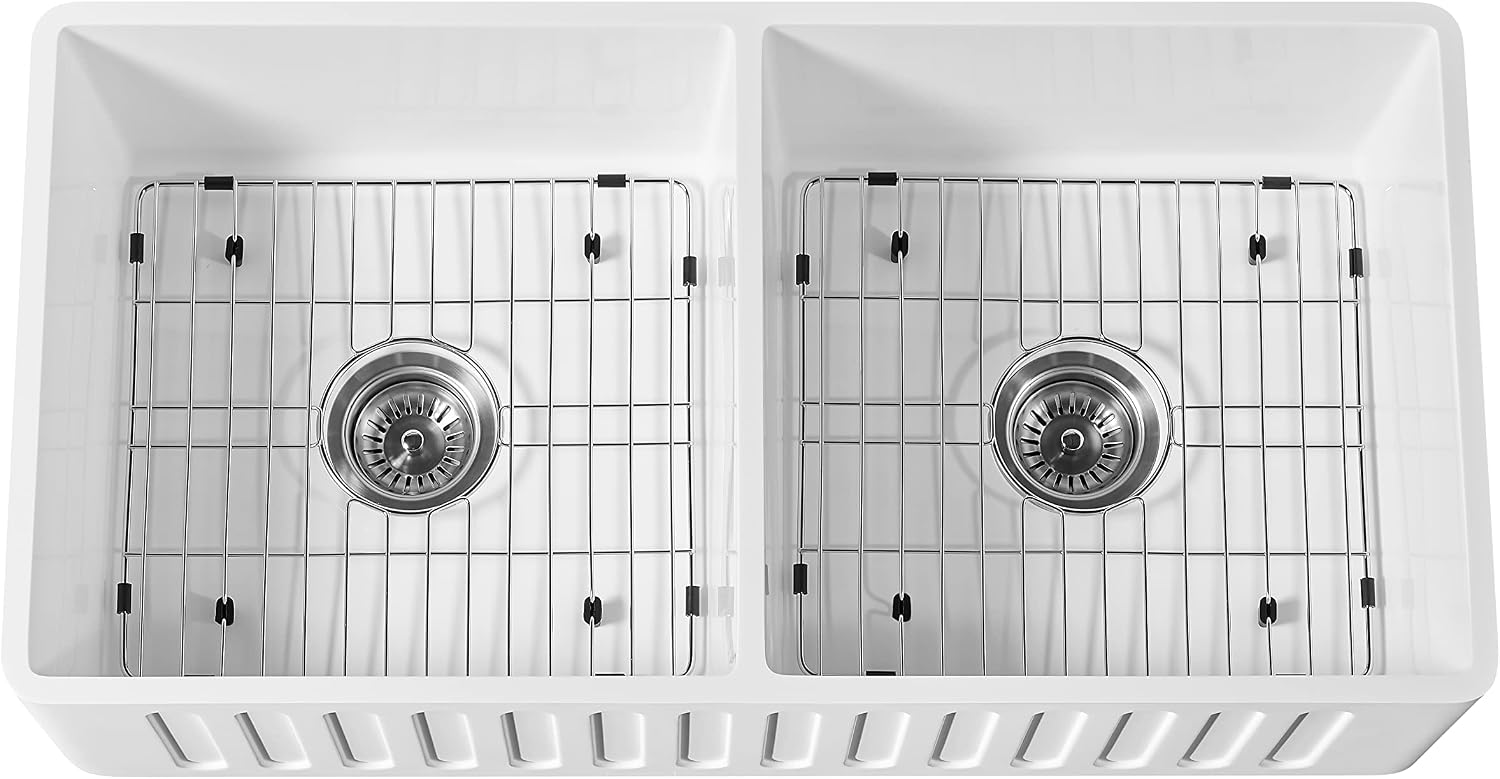 Westbrass BK236WH-12 36' Double Bowl Reversible Apron Front Solid Surface Kitchen Sink with 4 in 1 Function Faucet, Dual Water Filters, Drain Baskets and Soap Dispenser, Oil Rubbed Bronze