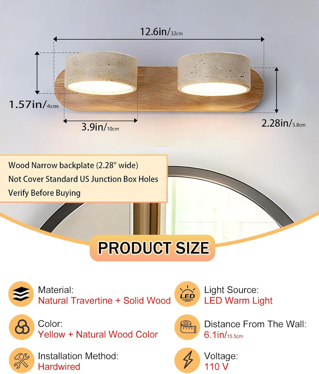 Natural Wood Vanity Light, 12.6 Inches Wabi Sabi Travertine Wall Sconce with 360° Rotatable Natural Stone Lampshade and Wooden Base Nordic Style Farmhouse Vanity Lights for Bathroom (2 Lights)