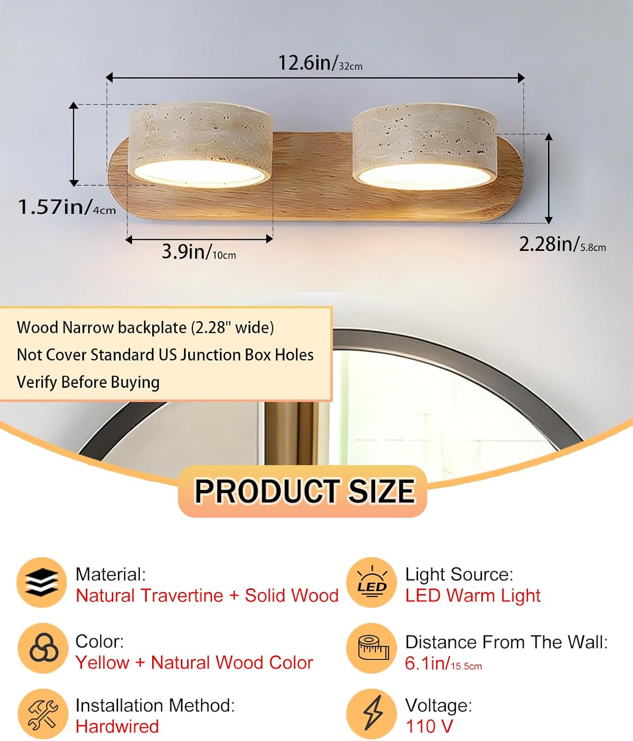 Natural Wood Vanity Light, 12.6 Inches Wabi Sabi Travertine Wall Sconce with 360° Rotatable Natural Stone Lampshade and Wooden Base Nordic Style Farmhouse Vanity Lights for Bathroom (2 Lights)