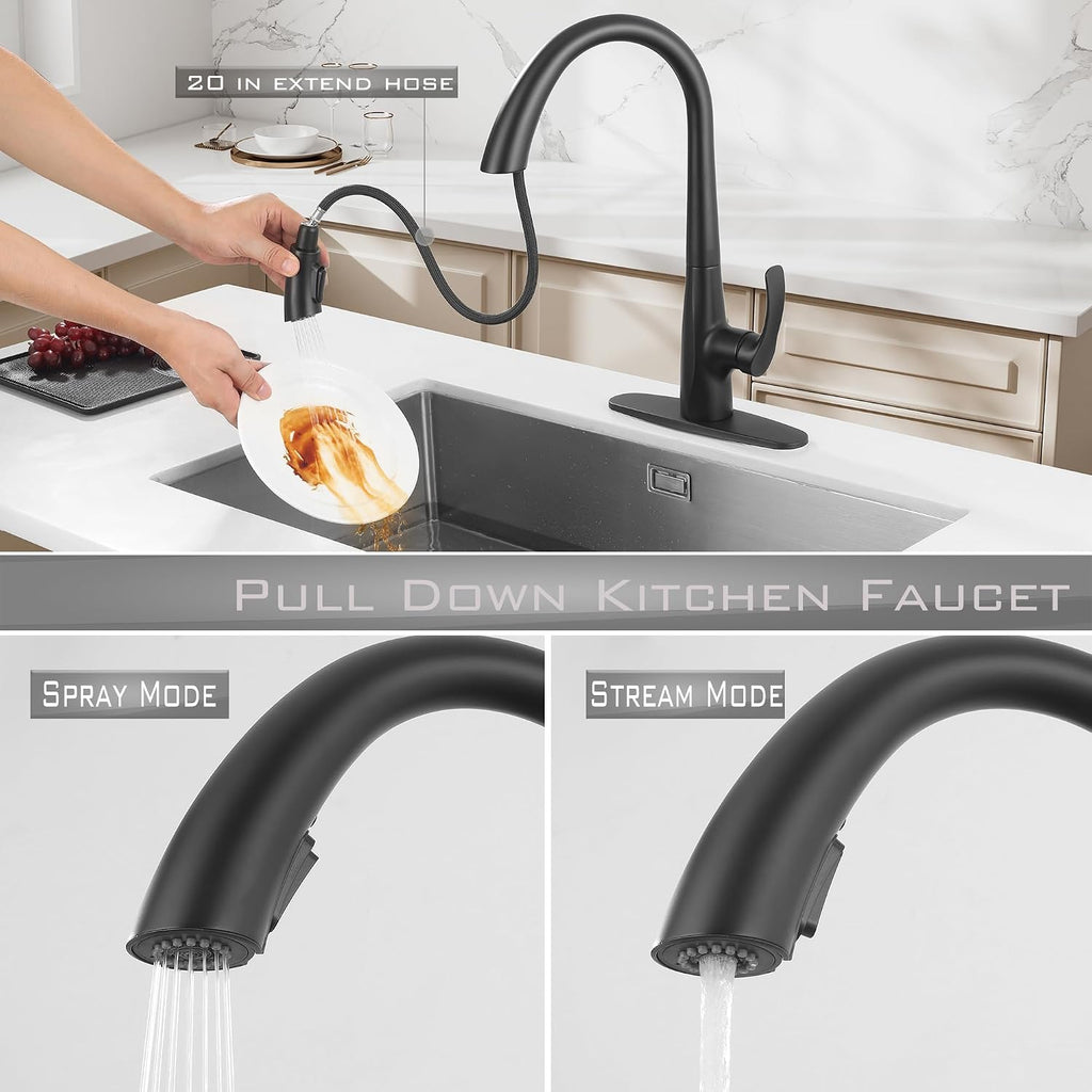 Matte Black Touchless Kitchen Faucet with Pull Down Sprayer, Single Handle Motion Sensor Kitchen Faucet 1 Hole, Stainless Steel Hands Free Black Kitchen Faucet for Sink 1 or 3 Hole