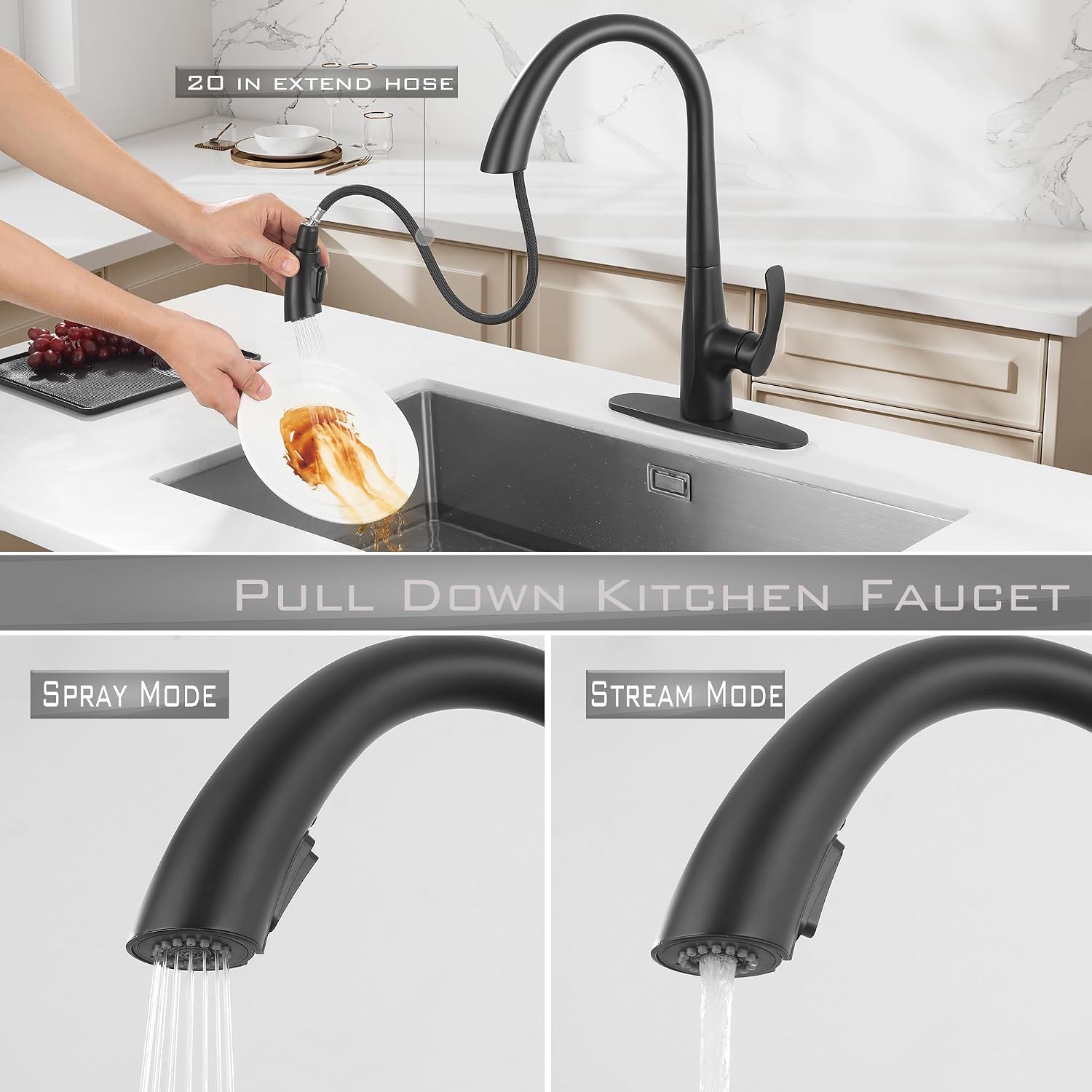 Matte Black Touchless Kitchen Faucet with Pull Down Sprayer, Single Handle Motion Sensor Kitchen Faucet 1 Hole, Stainless Steel Hands Free Black Kitchen Faucet for Sink 1 or 3 Hole