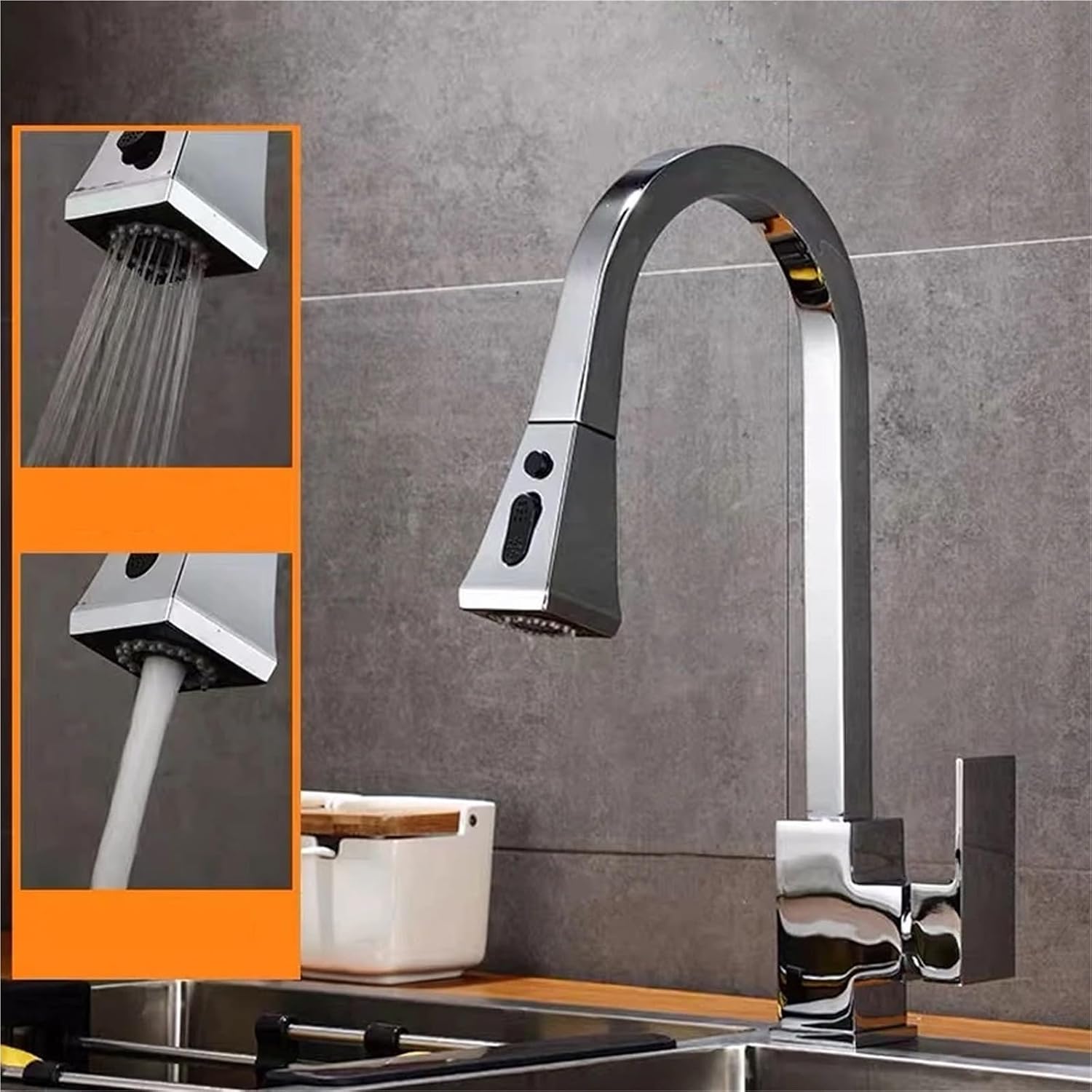 Kitchen Faucets Copper 360 Rotate Pull Out Tap Kitchen Faucet Button Switch Cold Hot Water Sink Mixer Taps(Chrome,Hose Size 9-16)