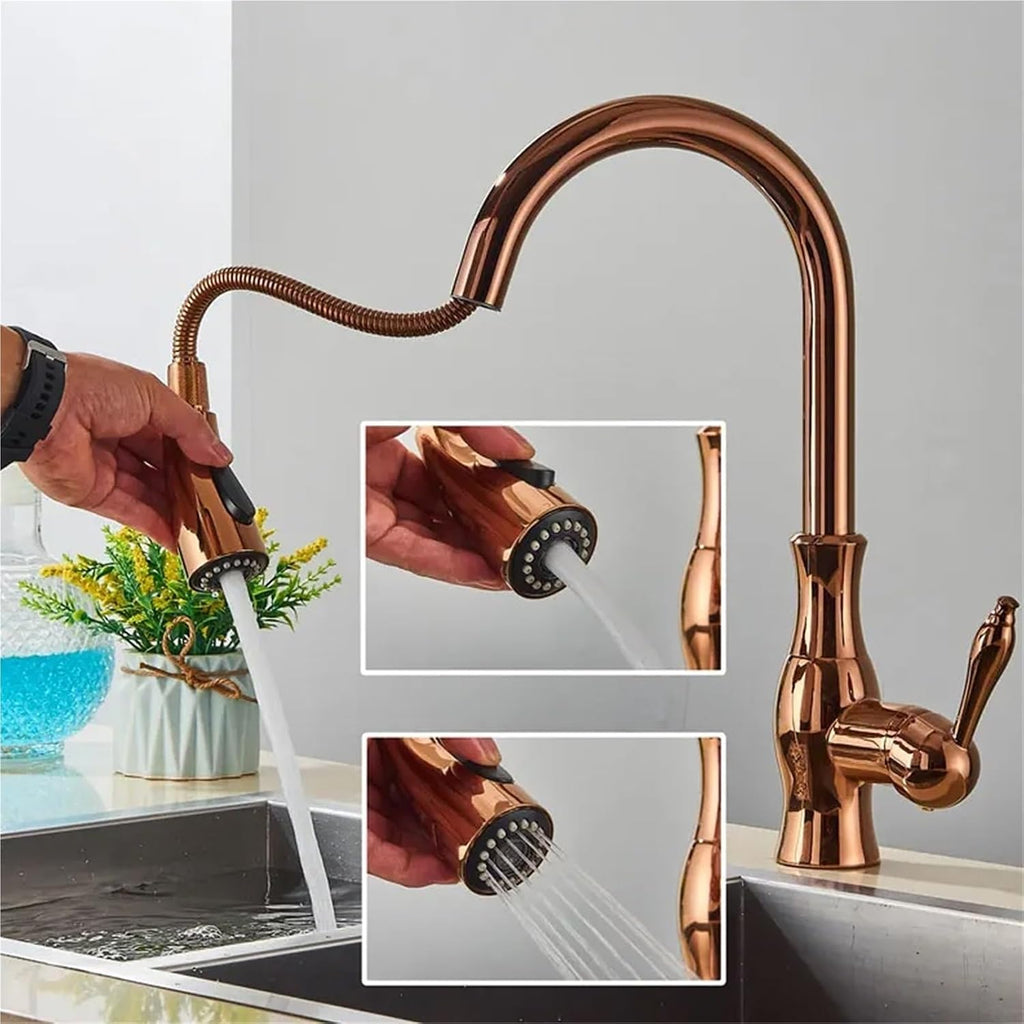 Kitchen Faucets Pull Out Kitchen Sink Mixer Tap Single Lever Hot Cold Water Mixer Tap(Rose Gold)