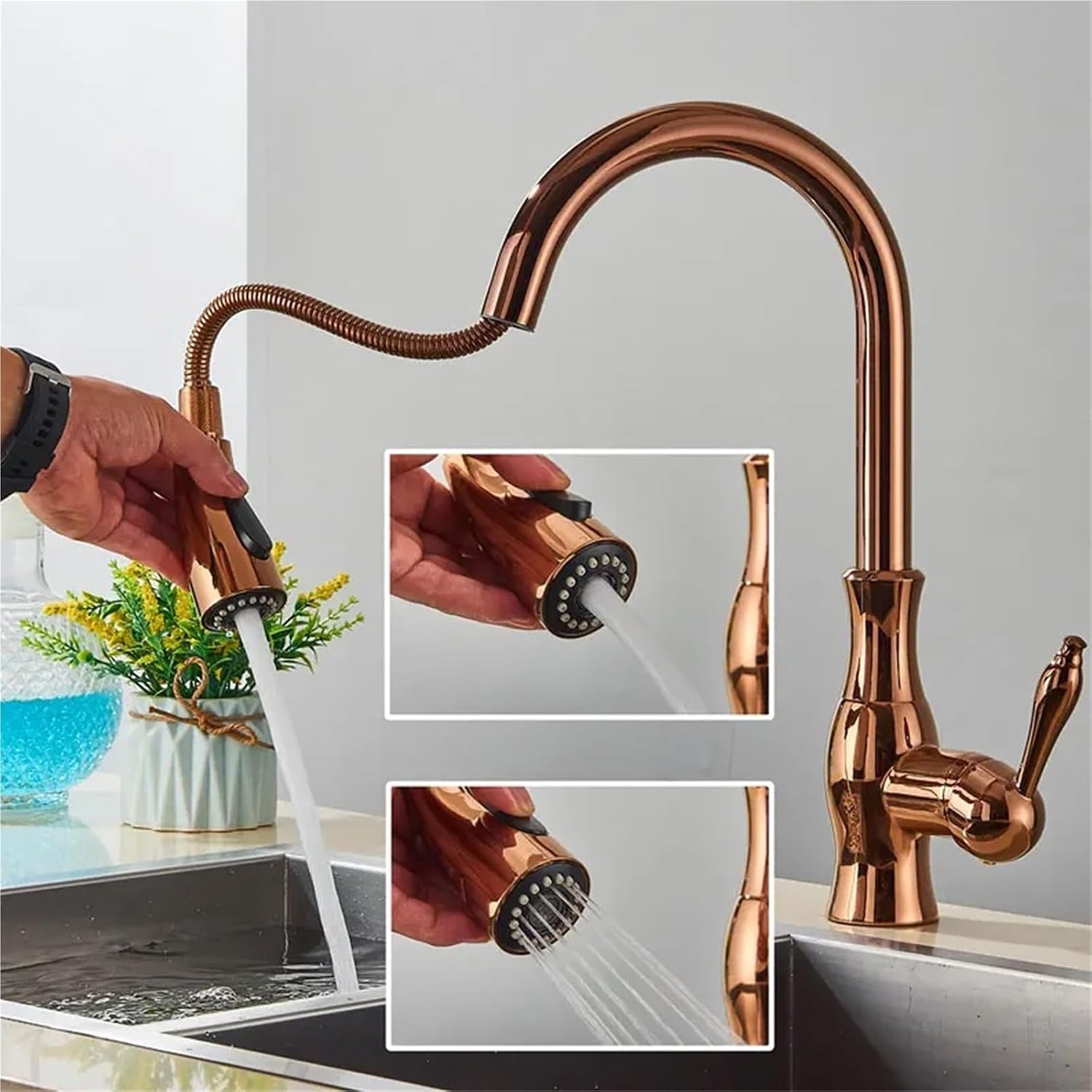Kitchen Faucets Pull Out Kitchen Sink Mixer Tap Single Lever Hot Cold Water Mixer Tap(Rose Gold)