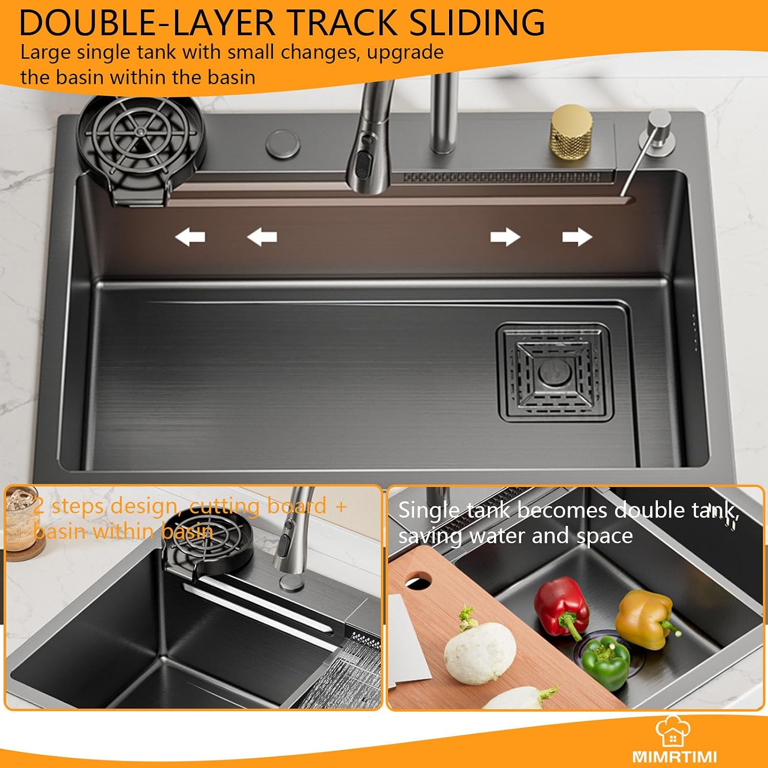 Waterfall kitchen sink 26X20' black Undermount Kitchen Sink with Pull-Out Faucet Stainless Steel Drop In Kitchen Sink Single Bowl with Accessories