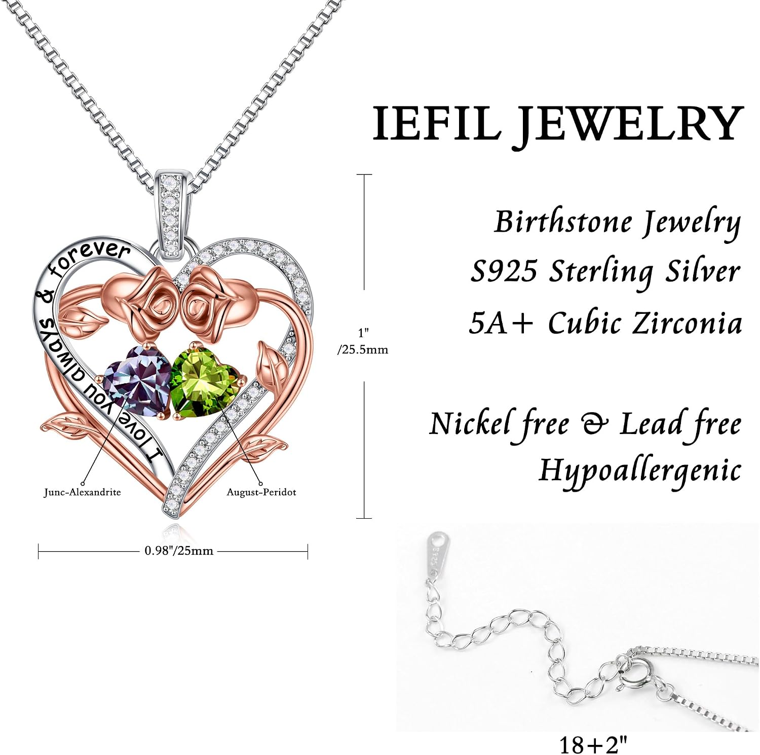 Iefil Rose Heart Double Birthstone Necklace Gifts for Wife Girlfriend Her Women, Birthstone Jewelry Gemstone Birthday Gifts for Mom Grandma Her Wife Women