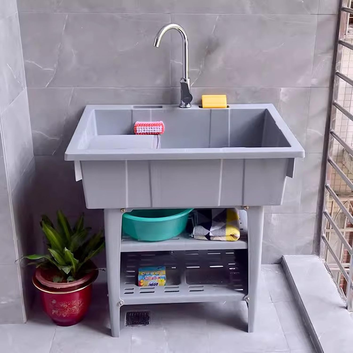RYTM 31.5'' Plastic Utility Laundry Sink, Freestanding Outdoor Sink Laundry Tub with Washboard, Portable Hand Washing Station with Cold & Hot Water Faucet and Soap Dispenser, Gray