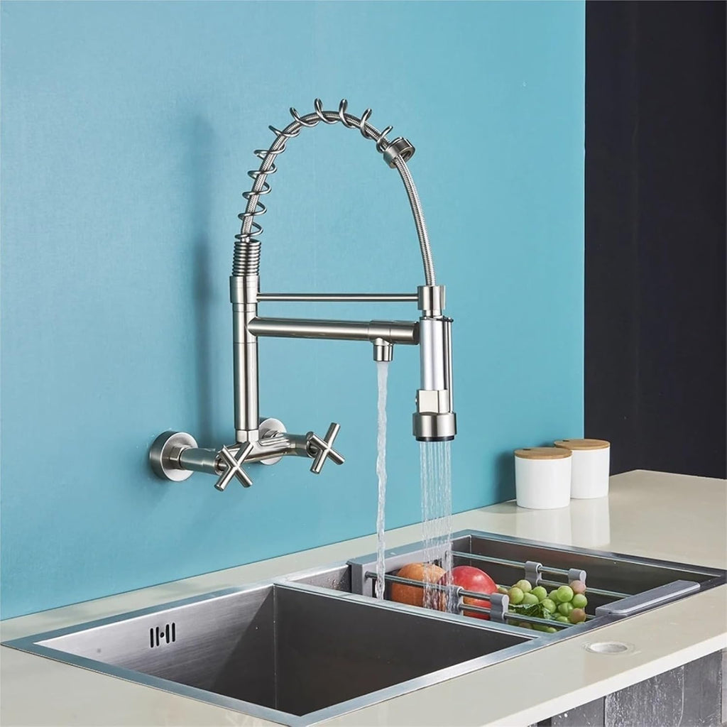 Wall Mounted Kitchen Faucet Hot Cold Water Mixer Tap Pull Down Spray 360 Rotation Kitchen Mixer Taps(Brushed Nickel)
