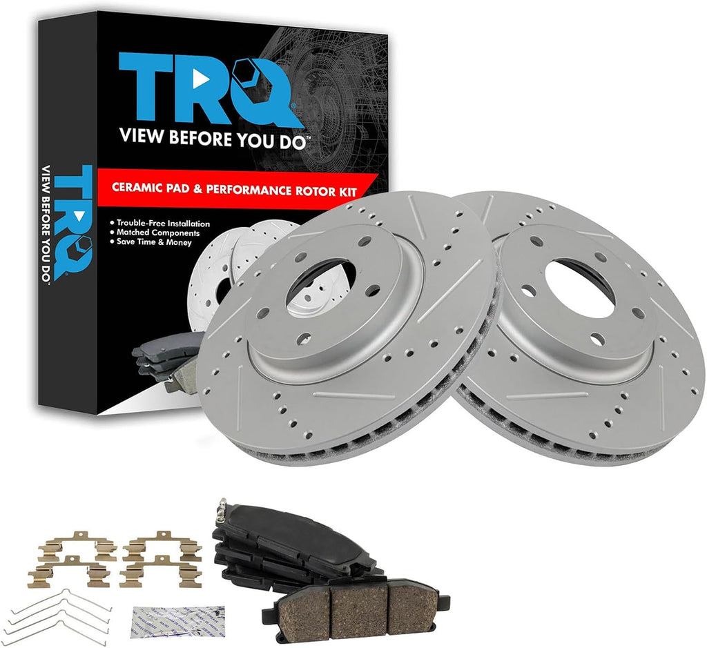 TRQ Performance Front Brake Pad and Rotor Set Ceramic Coated Drilled Slotted Vented Rotors Compatible with 2011-2017 Nissan Quest