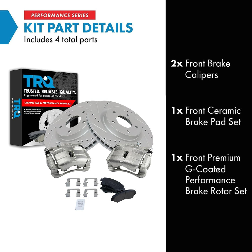 TRQ Performance Front Brake Pad and Rotor Set Ceramic Coated Drilled Slotted Vented Rotors Calipers Compatible with 2008-2013 Nissan Rogue 2014-2015 Rogue Select