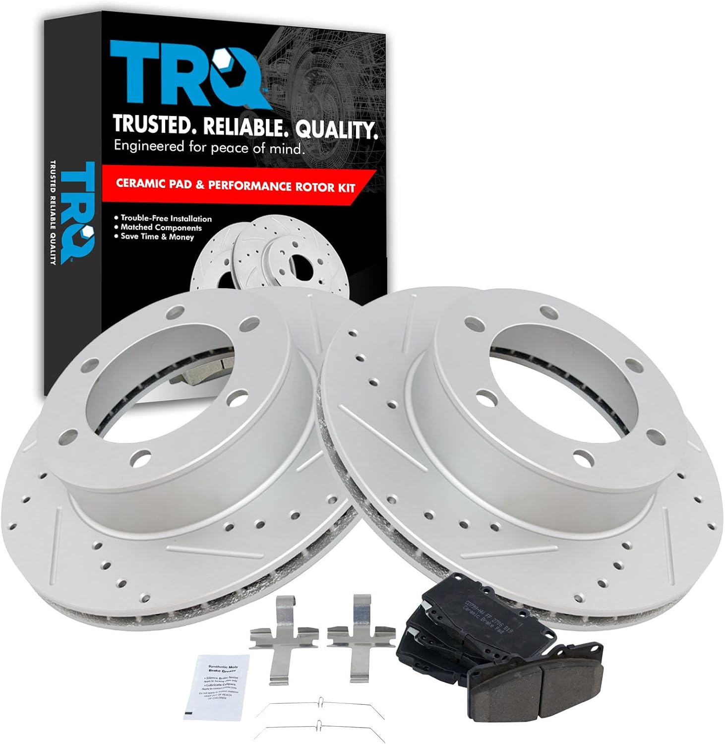 TRQ Performance Front Brake Pad and Rotor Set Ceramic G Coated Drilled Slotted Vented Rotors Compatible with 1999-2004 Toyota Tacoma