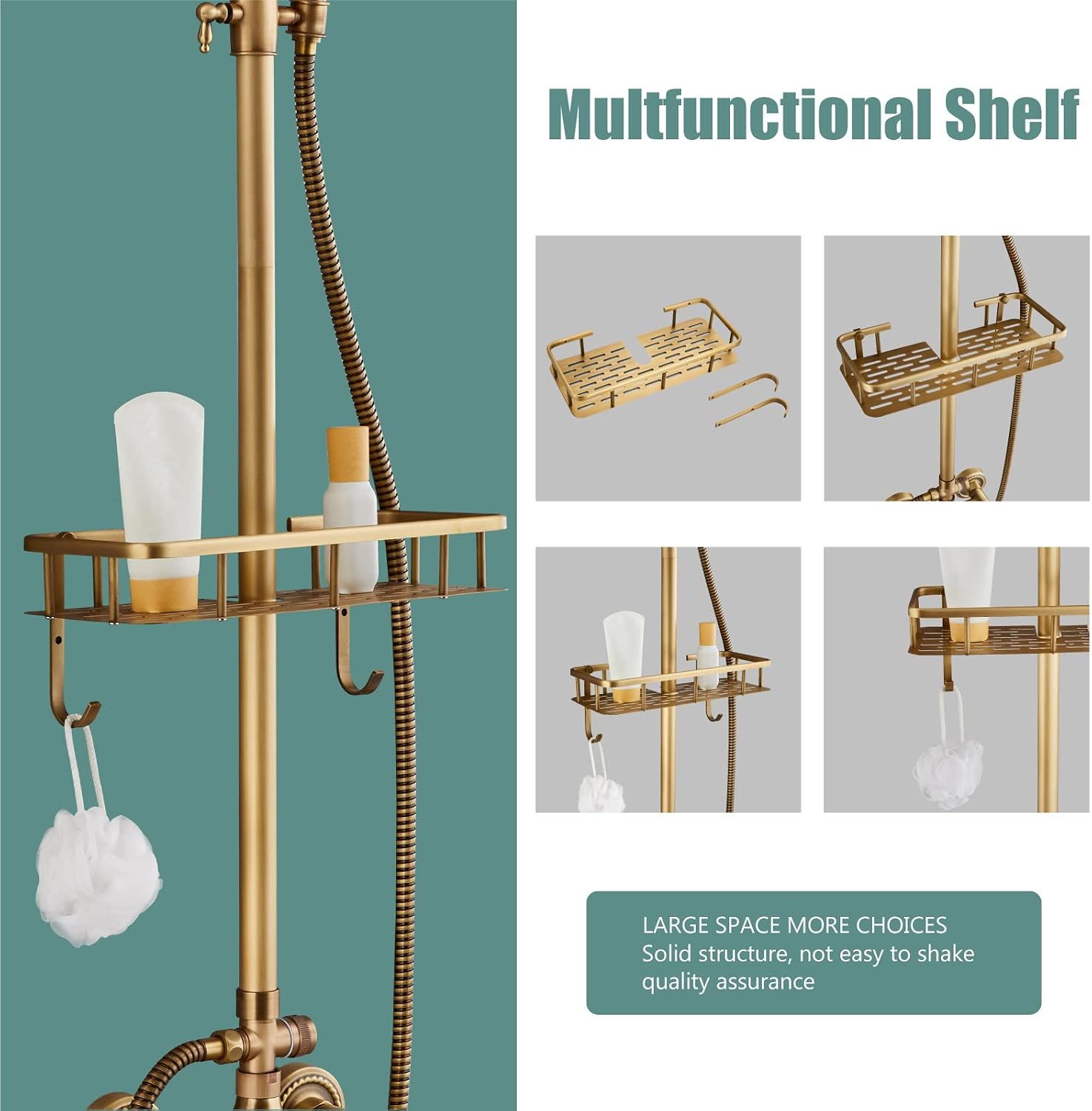 Heyalan Antique Brass Exposed Pipe Shower System 8 Inch Rainfall Shower Head Fixture Combo Set Single Handle with Handheld Sprayer Bathroom Shower Faucet Adjustable Showerhead Bar with Shower Shelf