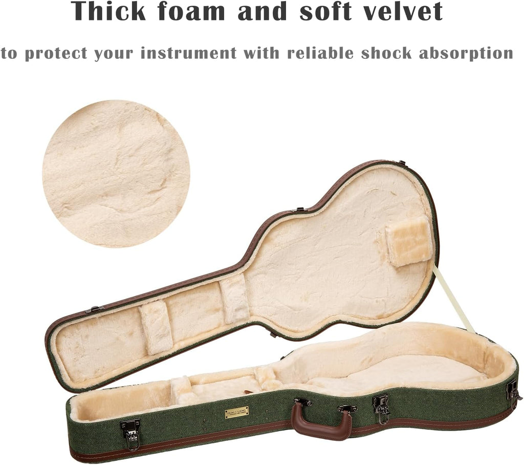 Crossrock 335 Style 6-String Semi-Hollow Electric Guitar Case | Green Chevron Tweed, Plush Velvet Interior, Genuine Leather Handle & Security Lock, Reinforced Hardware – Master Series (CRW760SAGN)
