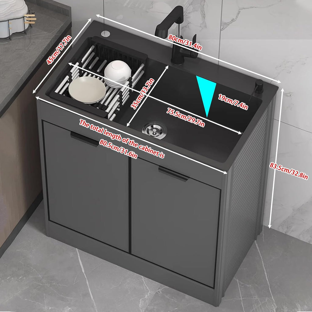 31.4' Black Laundry Utility Cabinet with Stainless Steel Sink and Cold and Hot Water Faucet, Laundry Room Sink Suitable for Kitchens, Toilets and Bathrooms, Standalone Kitchen Sink Kit, Laundry Sink