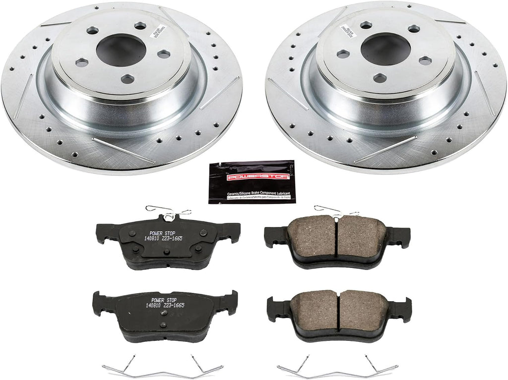 PowerStop Rear Brake Kit for Ford Edge 2022-24 |Lincoln MKX 2016-18 |MKZ 2017-20 - Drilled and Slotted Disc Rotors with Carbon-Fiber Ceramic Brake Pads Replacement, K7144