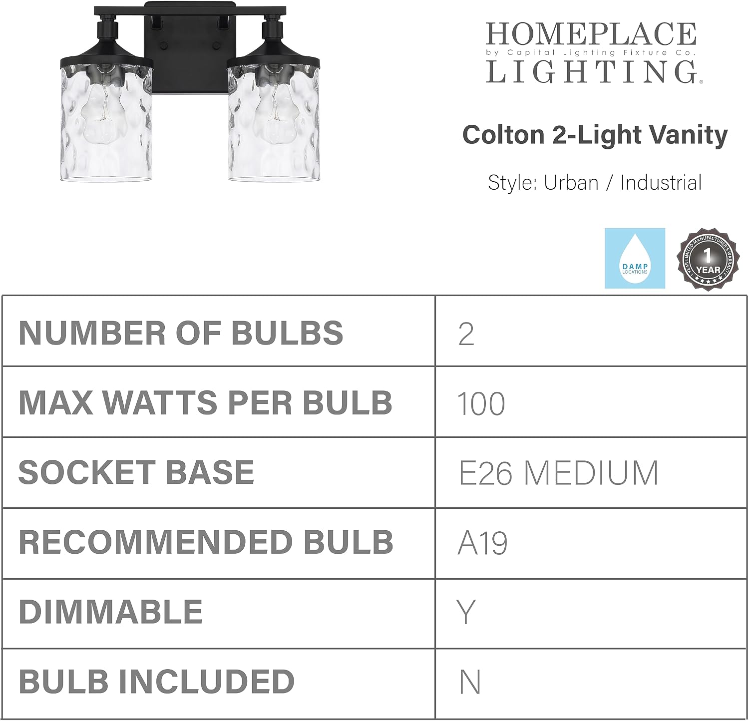 HomePlace Lighting 128821MB-451 Colton Mid-Century Clear Water Glass Bathroom Vanity Wall Light, 2-Light 200 Total Watts, 10' H x 13' W, Matte Black