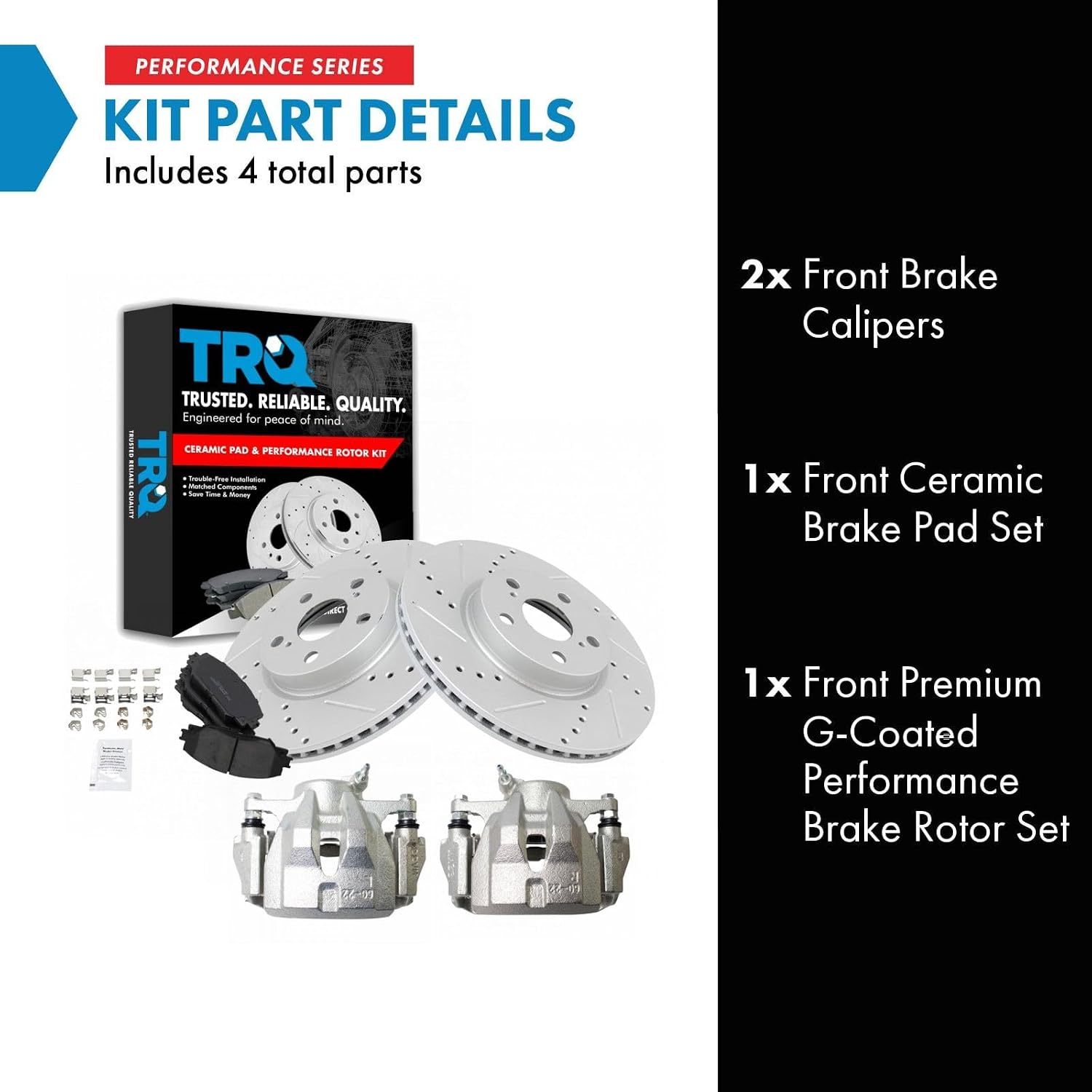TRQ Performance Front Brake Pad and Rotor Set Ceramic Drilled Slotted Coated Vented Rotors Calipers Compatible with 2009-2018 Toyota Corolla 2009-2013 Matrix 2008-2014 Scion xD 2009-2010 Pontiac Vibe